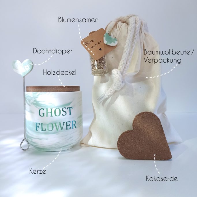 Ein Produktset mit einer Kerze, Schlüsselanhänger und einem Stoffbeutel.